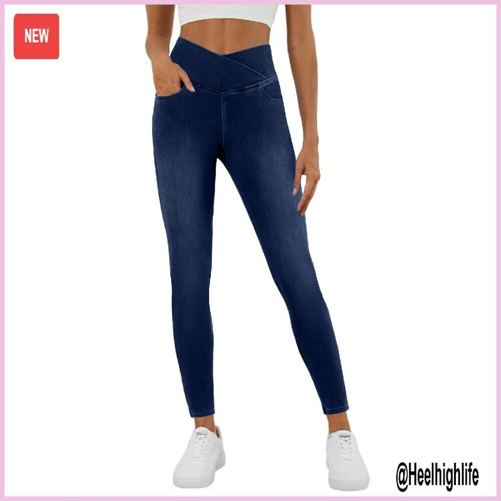Stretchy Butt Lifting Jeggings with Pockets Crossover Waist Skinny Jeans